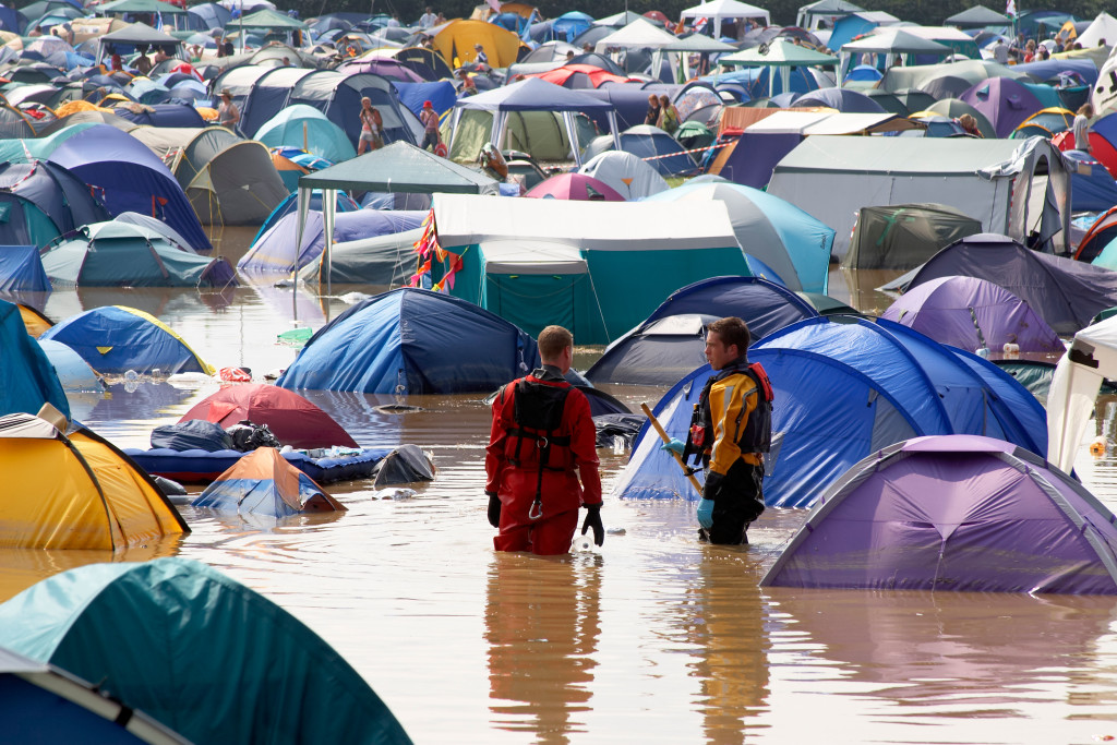 festival, flood, camping
